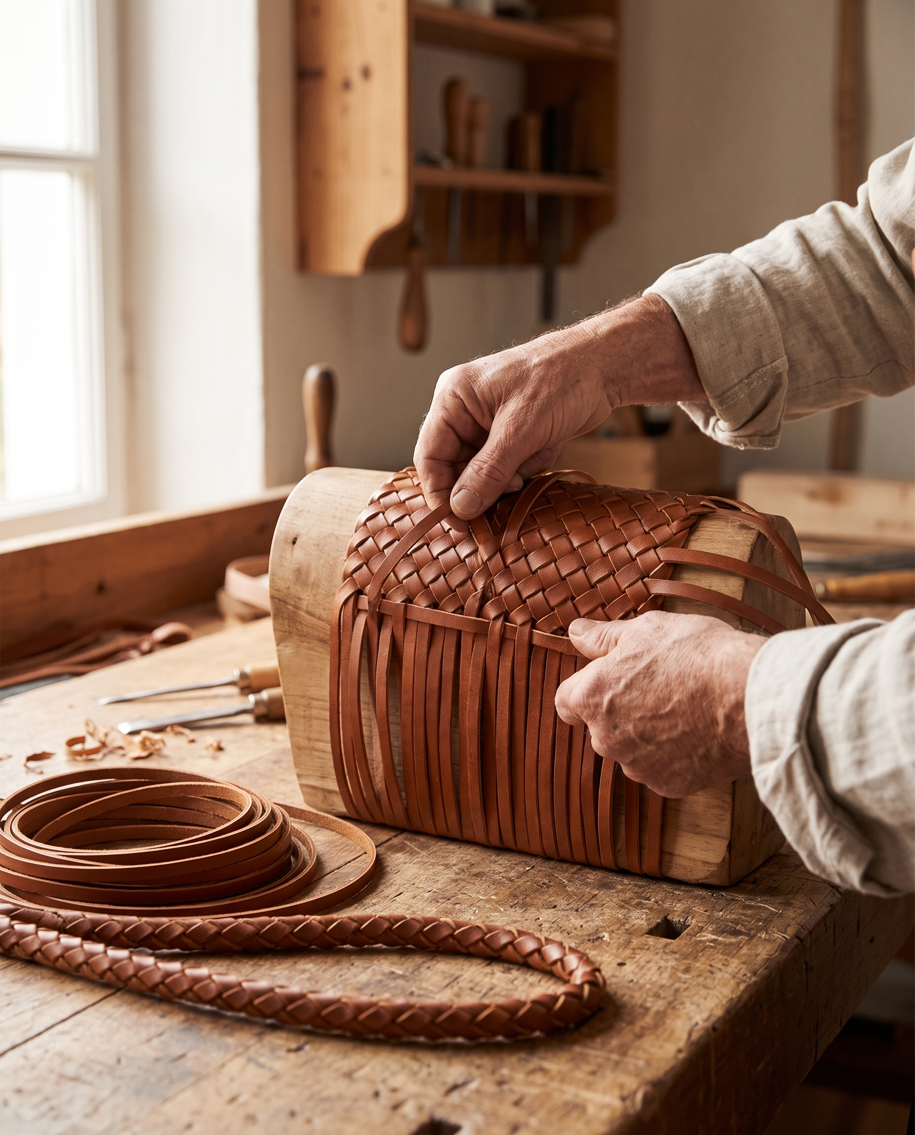 Weaving the Antibes by hand on a wooden form