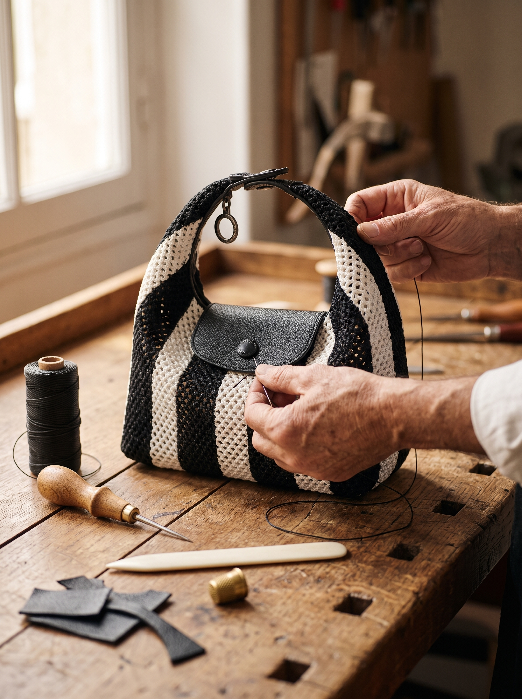 The Deauville being stitched by hand at the workbench