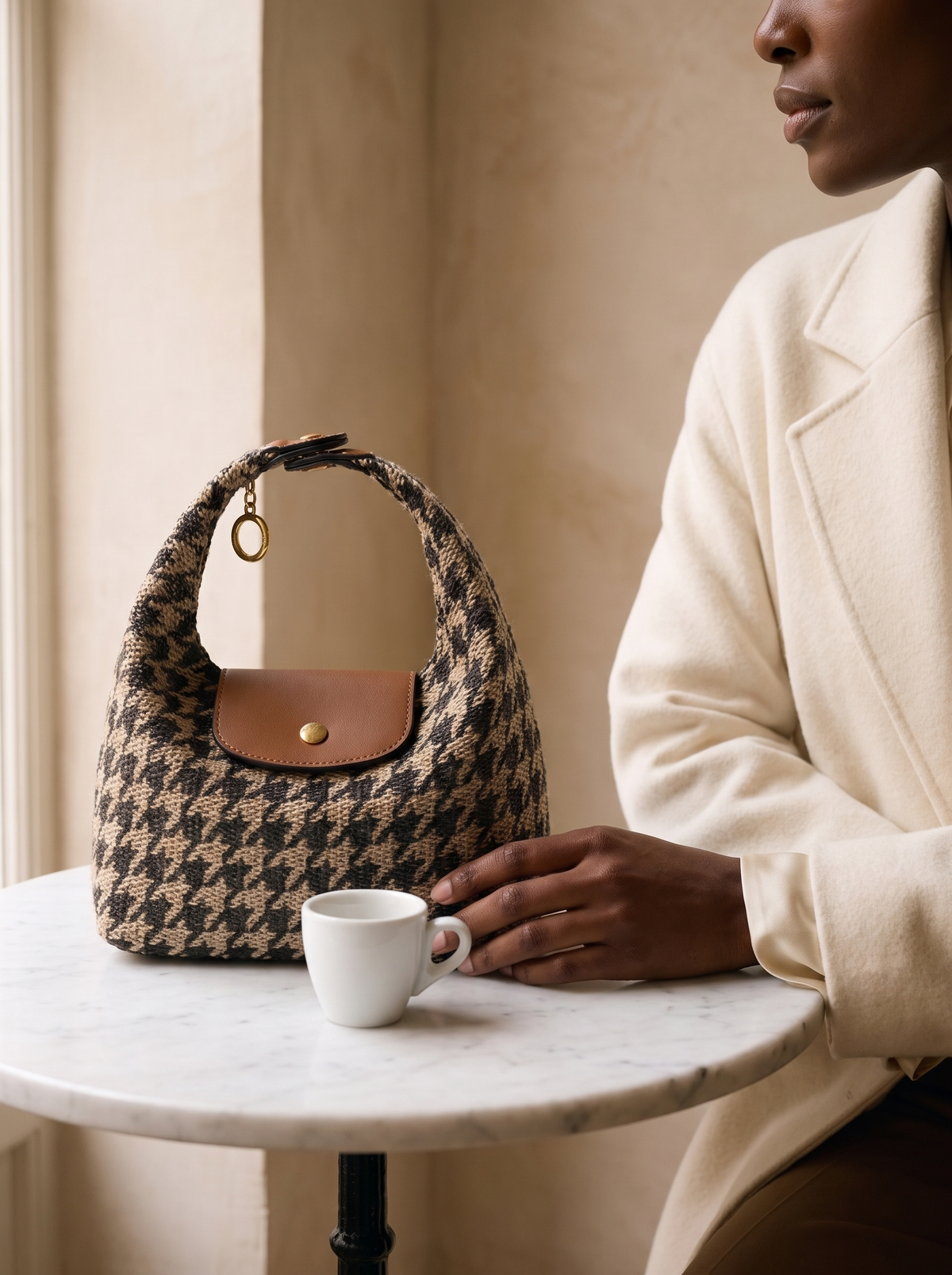 The Houndstooth Deauville on a marble cafe table