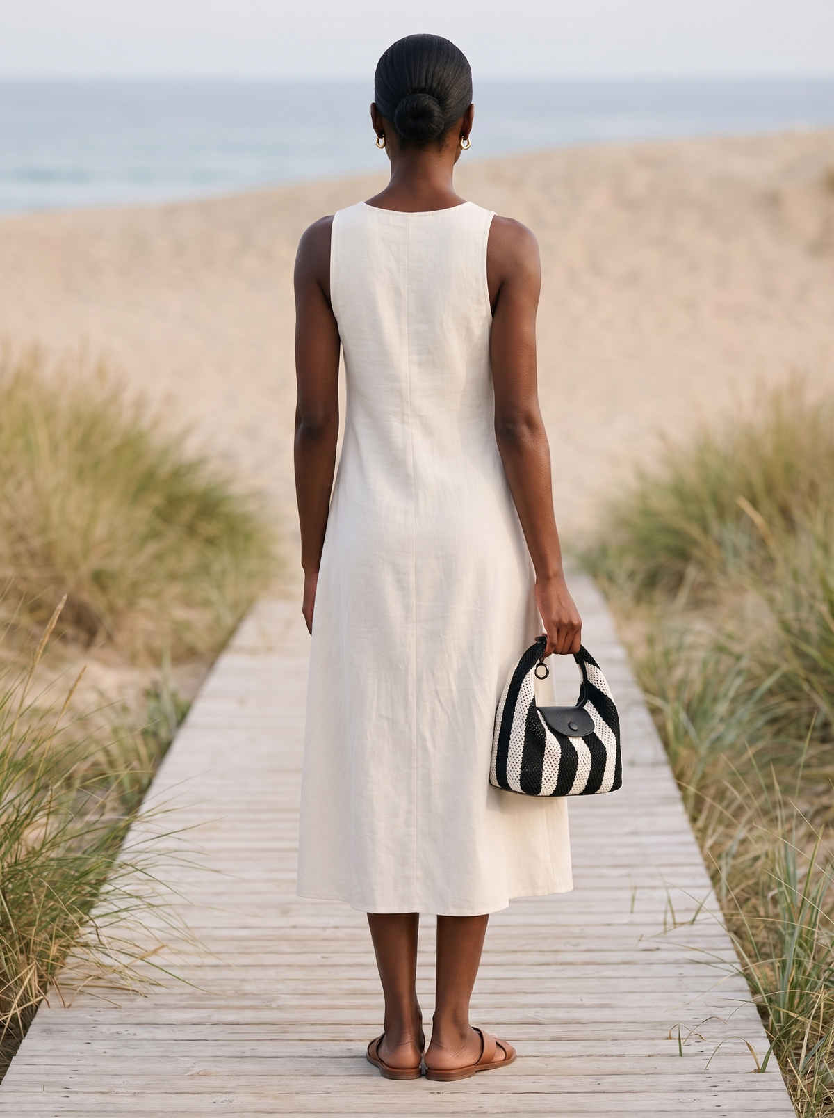 The Deauville in Stripe Noir, carried in hand on a boardwalk