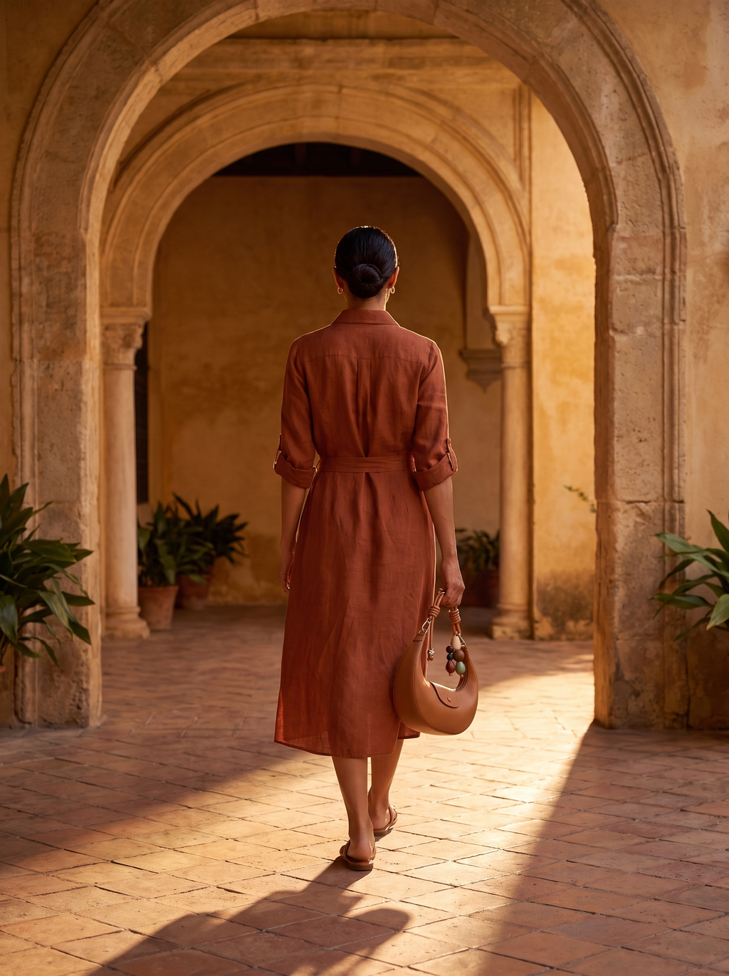 The Demilune in Caramel, carried by hand under an arch