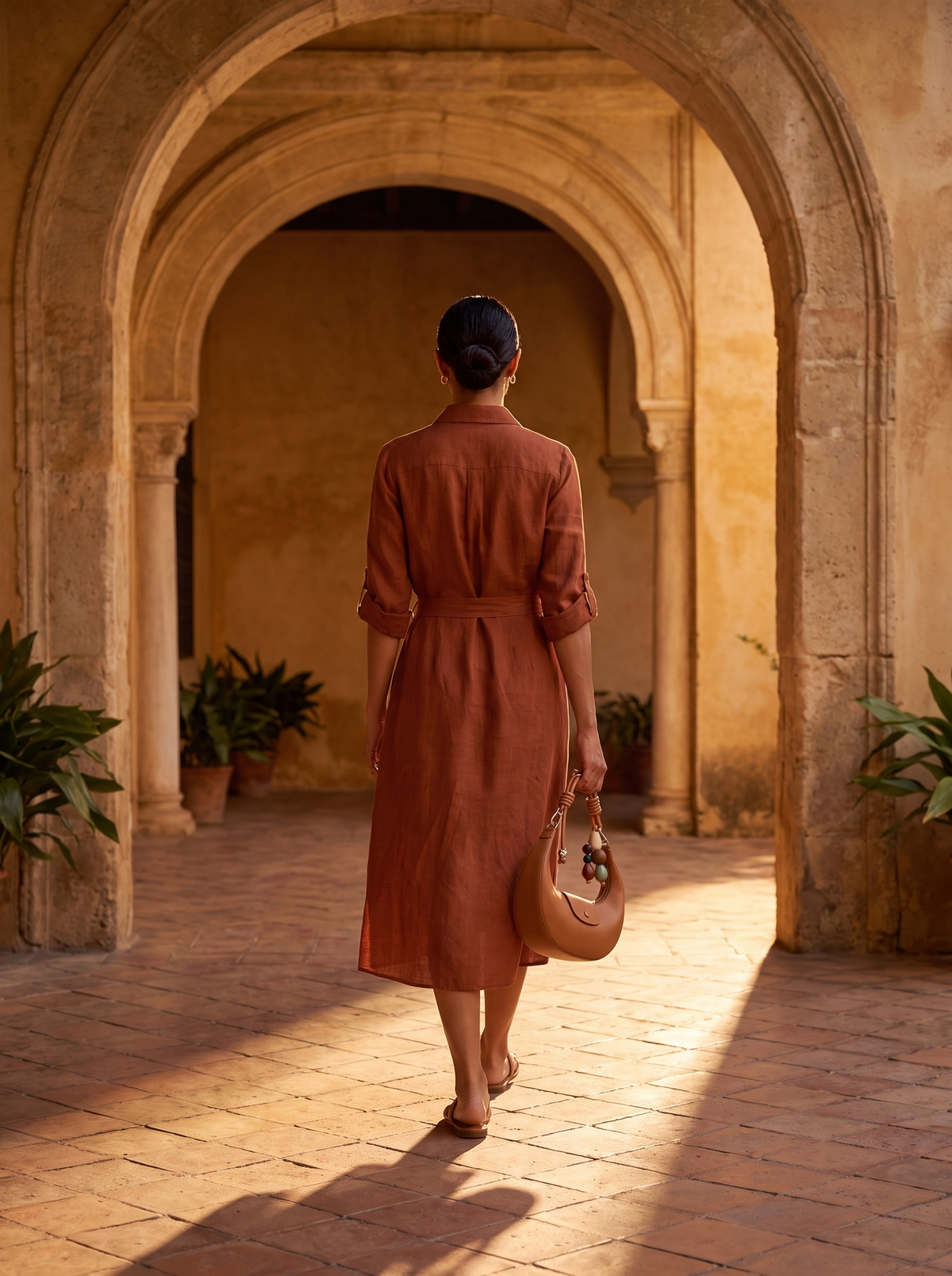 The Demilune in Caramel, carried by hand under an arch