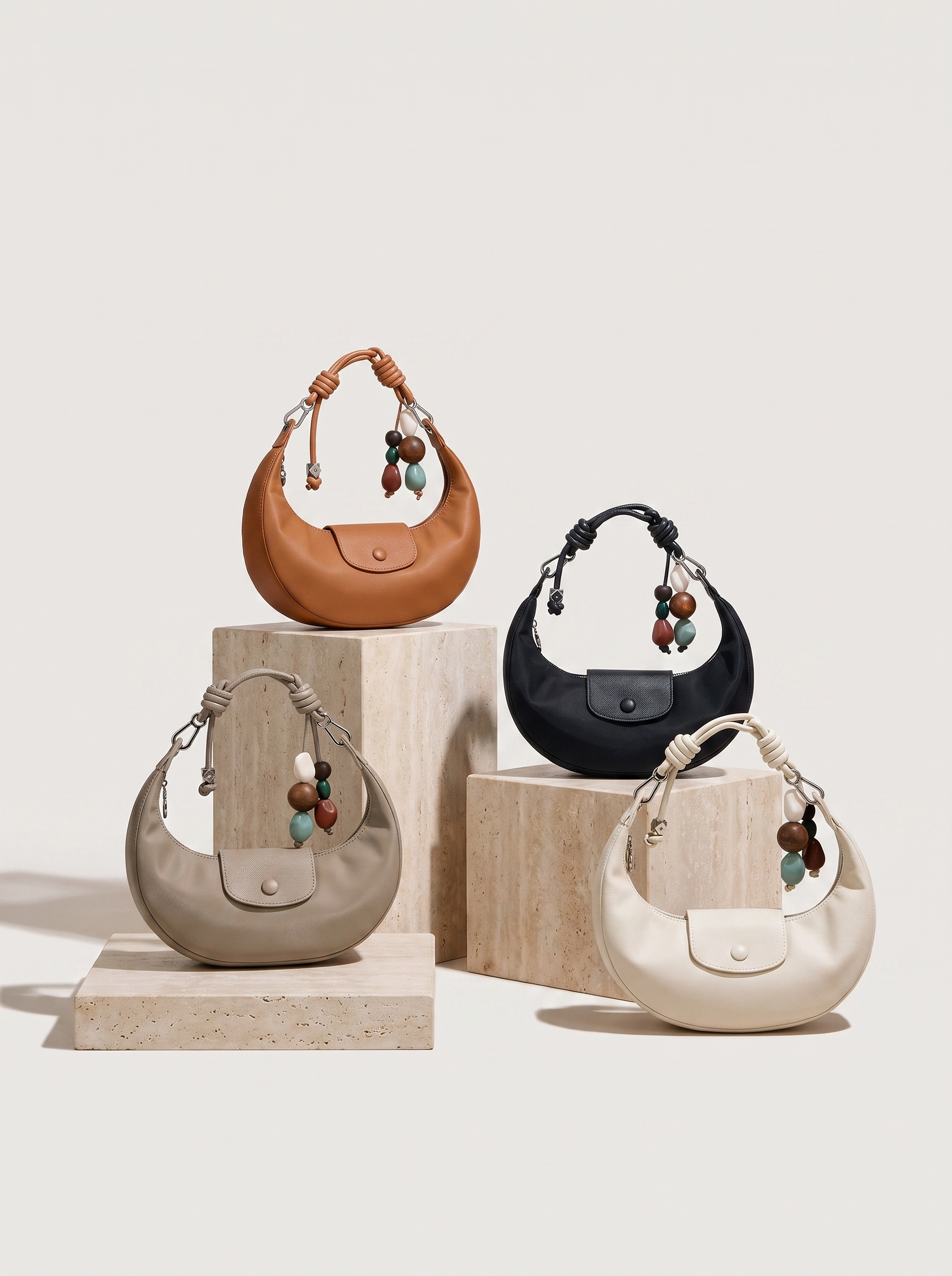 The Demilune in Taupe, Caramel, Noir and Ivory, side by side