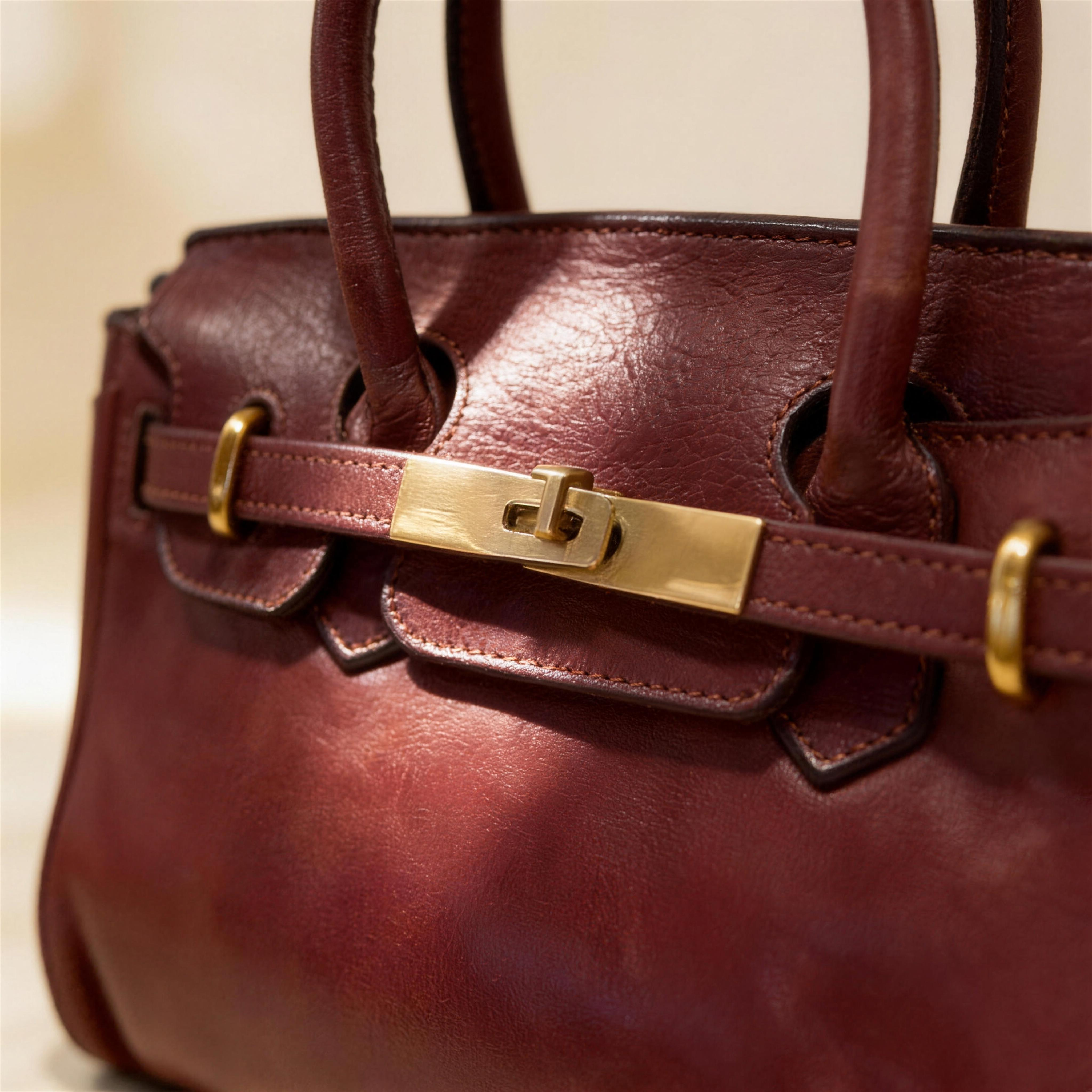 Close-up of the brushed-gold turn-lock on The Belgravia in Oxblood